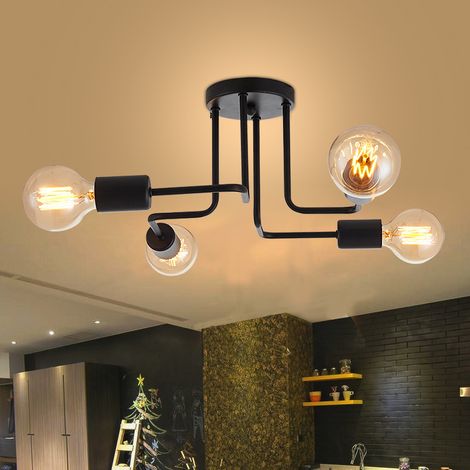 Wottes – Plafonnier industriel 4 lumières E27 en métal vernis à cuire – Antioxydant et anti-corrosion – Pour salon, cuisine, café, bar