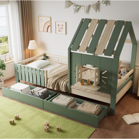 Kinderbett Hausbett 90x200 cm in Grün/Natur mit 2 Schubladen, Dach, Fenster und umlaufendem Rausfallschutz (1/5)