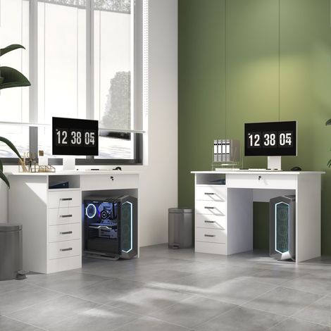 Bureau contemporain blanc 110x50x76cm, 5 tiroirs sécurisés avec clés, espace de rangement ouvert (1/5)