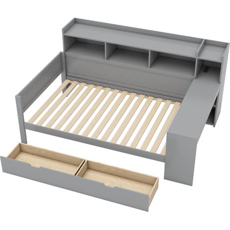 Tagesbett 90 x 200 cm grau mit Schreibtisch, Stauraum, Steckdosen und USB, 2 Schubladen, MODENUIT (1/5)