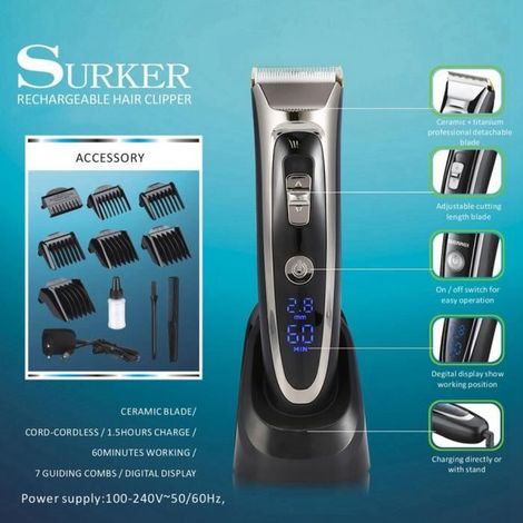 Surker Tondeuse Cheveux Professionnelle Tondeuse Barbe Electrique pour enfants adults EU Plug Noir-CHE (1/4)