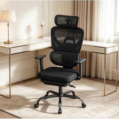 Sedia da ufficio ergonomica girevole, poggiatesta 3D, poggiapiedi, nera DESVIAE (1/5)