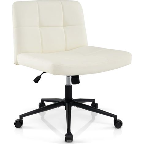 COSTWAY Silla Escritorio sin Brazos, Tapizada de Cuero de PU, Silla Oficina con Ruedas, Inclinable y Altura Ajustable, Silla Tocador Estudio Dormitorio Oficina, 70 x 70 x 79-87 cm (Beige)