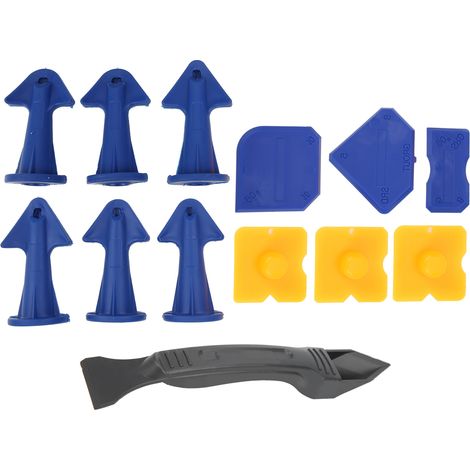 Un ensemble de 13 éléments pour l'étanchéité des joints : grattoir en plastique, spatule, embouts en silicone, dissolvant d'adhésif. (1/5)