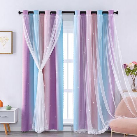 Rideaux Chambre Enfant, Rideaux Occultants avec Tulle Décoratif, Motifs Étoilés, 132x213 CM(Largeur x Hauteur), Rose/Bleu/Violet, 2 Pièces