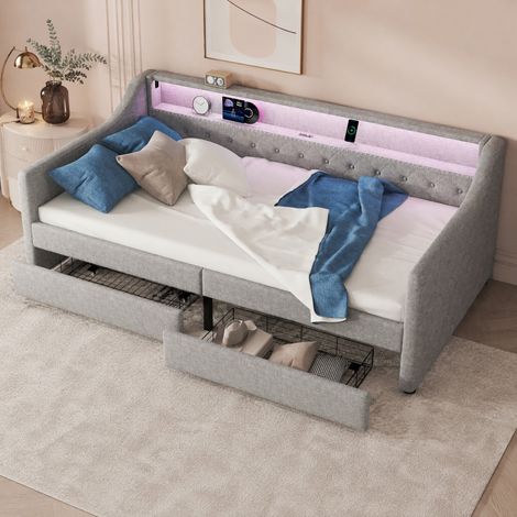 DESMIU Lit banquette 90 × 200 cm 1 place avec 2 tiroirs, LED, USB, sans matelas, en lin, gris (1/5)