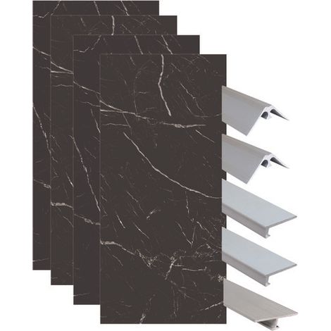 ONDEE ZEN - Pack montage 4 panneaux muraux en niche - marbre noir 200 cm - profilés chromés (1/4)