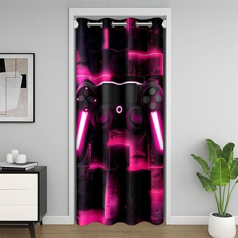 Jeux pour Garçons Rideau de Porte Interieur 106x203,Pêche Néon Cube Rideau de Porte pour L'Intimité de La Porte,Gradient Tartan Pattern Rideau Occultant,Rideau de Placard de Console de Jeu,Sombre - 10 (1/5)