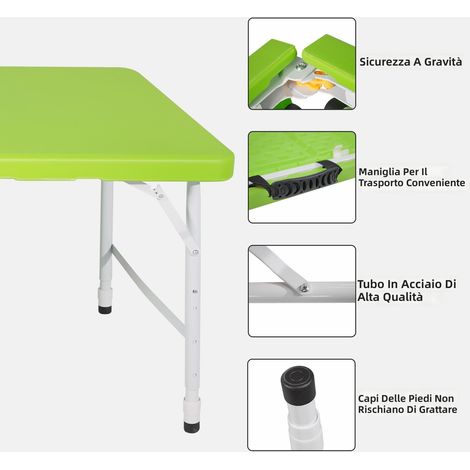 Tavolo pieghevole portatile 125 cm con maniglia, altezza regolabile per interni ed esterni, capacità 135 kg, multifunzionale per campeggio picnic feste, colore verde (1/5)