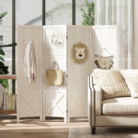 Paravent intérieur en bois 4 panneaux séparateur de pièce pliable panneau perforé 152 x 1,7 x 144,5 cm blanc (1/5)