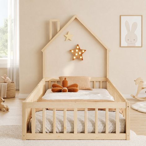Cama casita para niños 90 x 200 cm con chimenea, barreras y somier de láminas en pino y MDF (1/5)