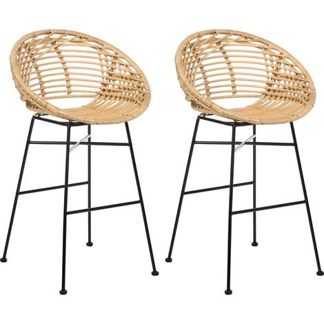 Set da 2 sedie da bar in rattan per sala da pranzo e cucina in stile boho industriale, con gambe in ferro, finitura naturale Windom