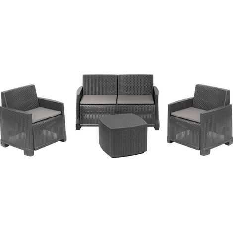Dmora - Lounge-Set für draußen Dbalestrer, Garten-Set mit 2 Sesseln, 1 Sofa und 1 Aufbewahrungstisch, Rattan-Effekt mit Kissen, 100 % Made in Italy, Anthrazit (1/3)
