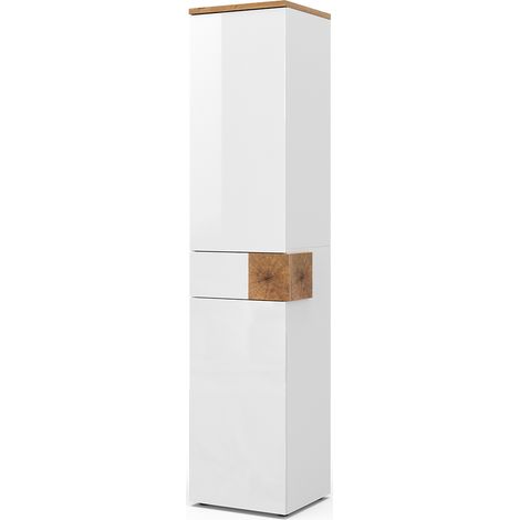 Meuble de rangement de salle de bain Eden, Blanc, 40 x 184.2 cm avec 2 portes et un tiroir, Vicco