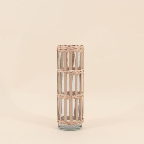 Vase rond en verre et fibres naturelles, H19cm
