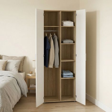 Dmora - Armario 2 puertas Arg, Muebles de dormitorio, Vestidor, Armario de ropa, 79x50 h201 cm, Roble y Blanco brillante (1/5)