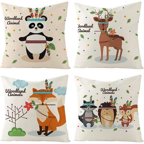 Linen Cushion Covers, Colorful Cartoon Animals Decorative Sofa Pillow Case, Outdoor Sofa Decoration for Bedroom Kids Room Chair Bed Garden 45x45cm Set of 4 (1/5)