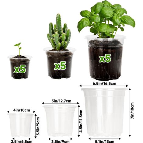 KINGLAKE Pots de Fleurs en Plastique, Pot pour Semis, 10/12.7/16.5 cm, 15 Pcs Godet de Culture Rempotage, Godet Repiquage Plantation Transparent, pour Semis, Orchidées, Graines- Tailles Mixtes (1/4)