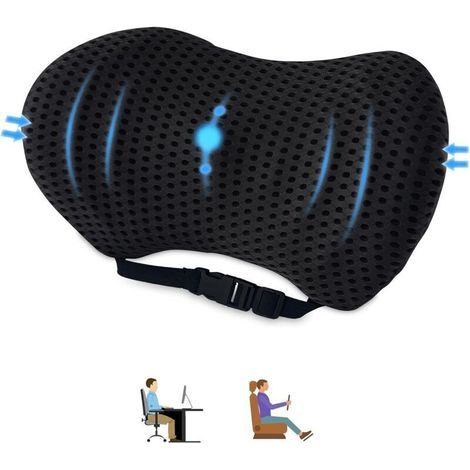 Coussin Lombaire Voiture,Oreiller de Soutien Lombaire pour Chaise de Bureau et Siège de Voiture,Coussin de Dossier avec Sangle Réglable,pour Maison,Bureau,Voiture (Noir) (1/4)