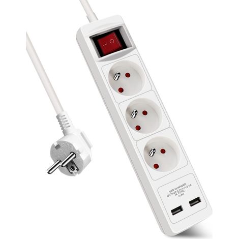 Multiprise 3 Prises et 2 Ports USB Chargeur,Bloc Multiprises avec Interrupteur, Rallonge 1.5m 230 V avec sécurité Enfant pour Maison, Bureau, Blanc (1/5)