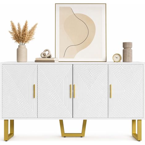 Sideboard moderno bianco lucido con ante strutturate, maniglie oro, 4 ante e ripiani regolabili, elegante mobile contenitore per soggiorno e sala da pranzo CHICFURN (1/5)
