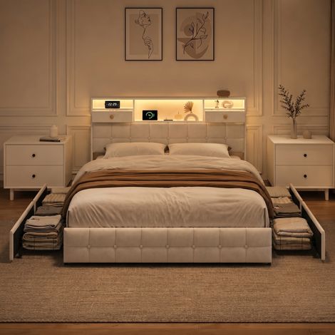 Cama de matrimonio 140x200 cm con 4 cajones, cabecero con luces LED regulables y estantes de almacenaje, tapizada en terciopelo moderno, beige (1/5)