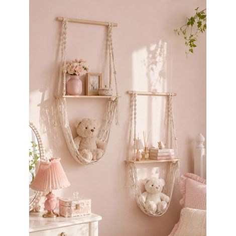 (M03568-2pc) Étagère murale bohème en macramé avec panier en filet, étagère flottante en bois pour la décoration de la maison, de la chambre au salon, et le rangement de la cuisine. Idée cadeau. (1/5)