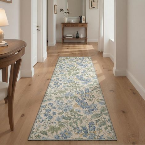 Tapis Salon Vintage Entree 80x150cm Lavable en Machine AntidéRapant Poil Ras, pour Chambre Salle a Manger Descente de Lit Bureau, Cuisine,Vert Floral (1/5)