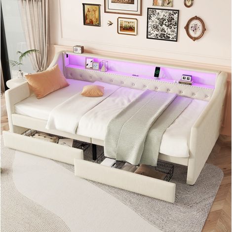 Lit banquette 90 x 200 cm en lin beige avec LED et 2 tiroirs, rangement pratique (1/5)