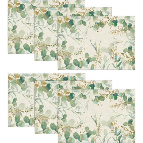 Lot de 6 sets de table d'été eucalyptus vert, printemps, saisonnier, cuisine, décoration intérieure, vacances,30 x 45 cm (1/5)