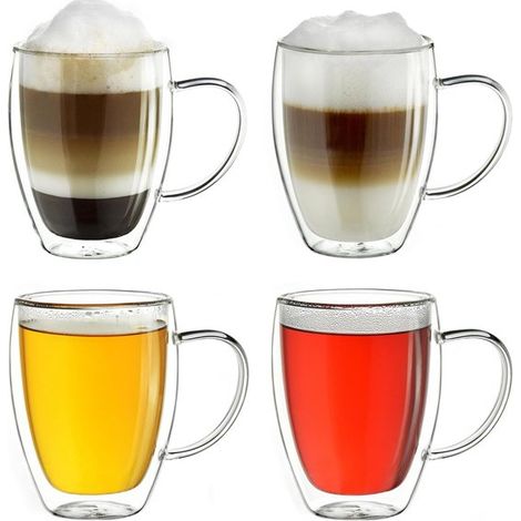 Doppelwandige Gläser mit Henkel, 350 ml – Hitzebeständige Borosilikatgläser für heiße und kalte Getränke – 4er-Set (1/2)