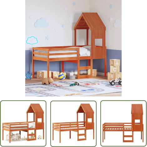 The Living Store Hochbett mit Dach Wachsbraun 75x190 cm Massivholz Kiefer - Kinderbett - Hochbett - Holzbett - Kiefernholzbett - Jugendzimmer (1/5)