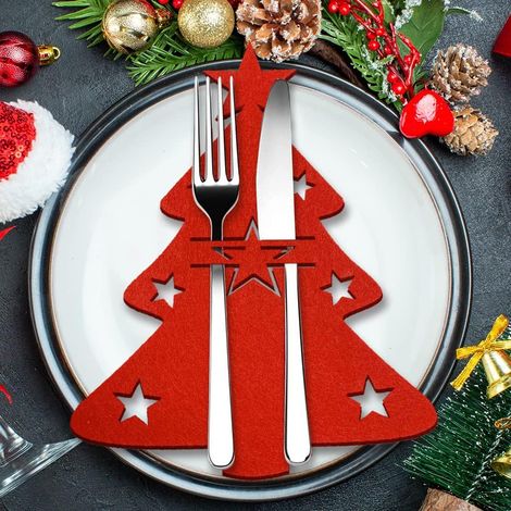 Porte Couverts en Feutre de Noël, 12 Pièces Sac à Couverts Sapin de Noël Paniers à Couverts Noël Rouge, Couteaux Fourchettes Cuillères Vaisselle Sacs à Couverts pour Table de Fête Décoration de Noël (1/5)