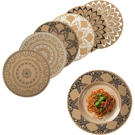 Lot de 6 sets de table ronds - Sets de table - Sets de table ronds - Sets de table en imitation jute - Sets de table lavables - 38 x 38 cm - Marron - PVC marron (1/5)