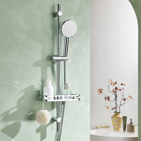 Auralum Max Barra Ducha 90 cm con Alcachofa Ducha con Filtro, 6 Modos y Estante Soporte Ajustable 360°, Barra Ducha Pared con Estante Sin Taladro y Flexo de Acero Inoxidable 1,5 m,Cromo (1/5)