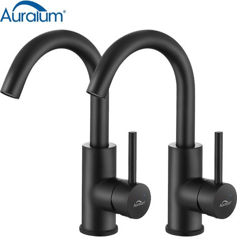 2PCS Auralum Rubinetto Lavabo Negro Girevole a 360 Rubinetto Miscelatore Lavabo Bagno, Miscelatore Monocomando per Bagno con Aeratori rimovibili (1/5)