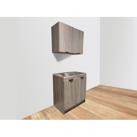 KITCHENETTE CHENE GRIS 80cm + PLAN EVIER INOX + MEUBLE HAUT