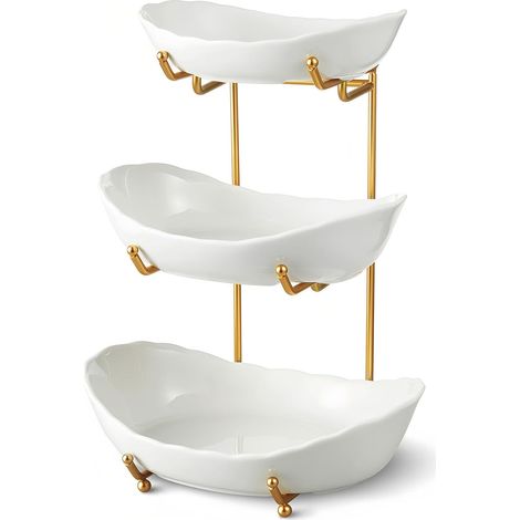 Corbeille à fruits en céramique à 3 niveaux JeiibrZui - 26,7 x 19,1 x 36,8 cm - 3 compartiments + support en métal doré - Idéale pour le plan de travail, les desserts et les en-cas (1/5)
