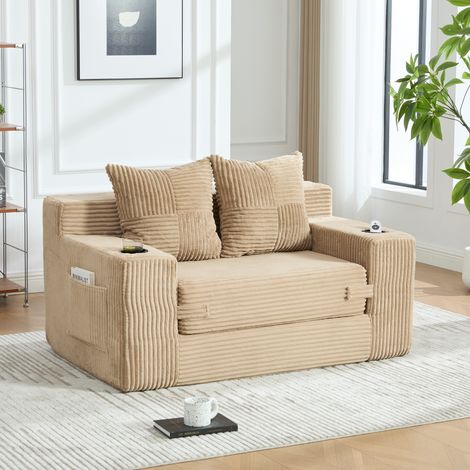 Canapé-lit 2 places en tissu effet cachemire avec pouf décoratif 2 coussins porte-gobelet poches latérales de rangement style moderne nordique kaki (1/5)
