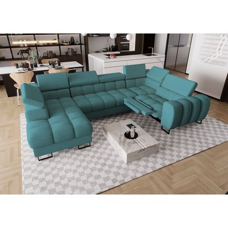 Wohnlandschaft Schlafsofa BASTIEN RELAX in Stoff Moly Türkis Ottomane Links
