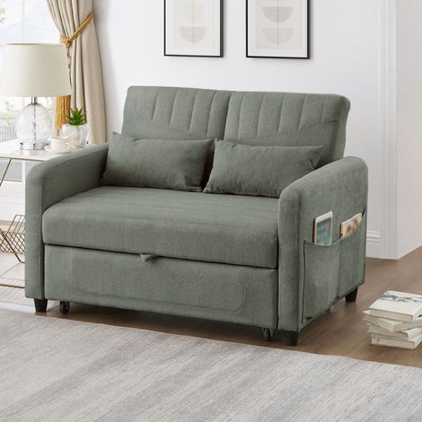 Sofá plegable 2 plazas con función cama, respaldo regulable 3 posiciones, diseño extensible, en tela algodón-lino verde (1/5)