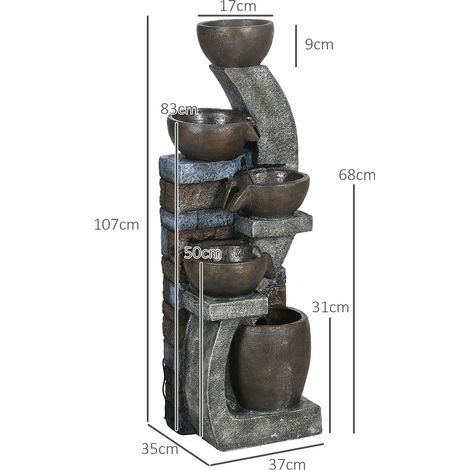 Fontaine de jardin, aspect brique, 5 niveaux, solaire, LED, 107 cm, résine, gris/brun