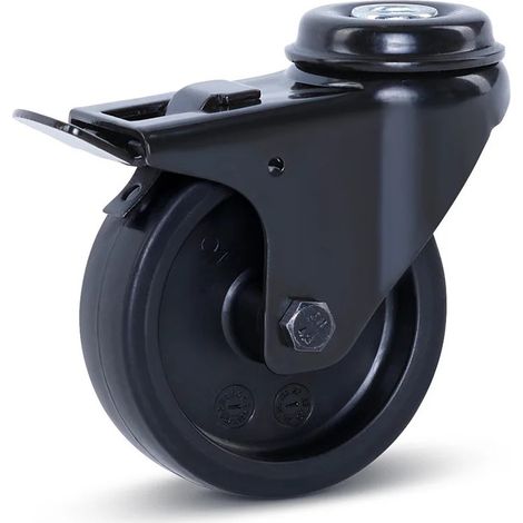 Roulette pivotante freinée - MESO - Meuble noire - 75mm - 60kg - Trou central (1/2)