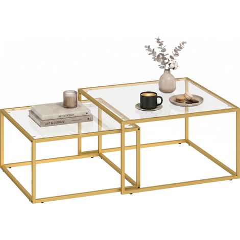 HOMCOM set 2 mesas de centro cuadradas, mesas nido modernas con tablero de vidrio templado y estructura metálica, ahorra espacio, 75x75x42 cm, dorado (1/5)