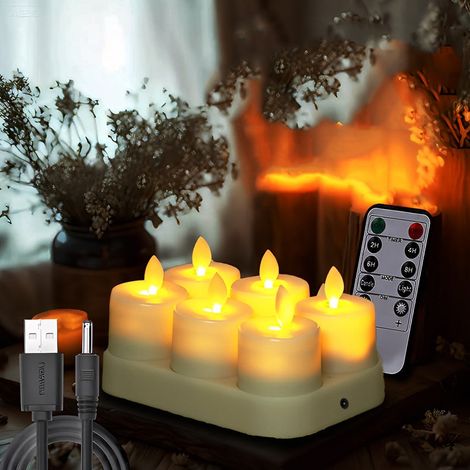 Lot de 6 Bougies LED Rechargeables Sans Flamme, Effet Flamme Vacillante et Télécommande, Décoration de Salon, Chambre et Fête(Blanc) (1/5)