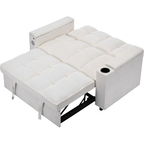 Canapé convertible 3-en-1 beige avec dossier réglable, USB, tablette cachée et porte-verres, 140,5 x 74 x 82 cm (1/5)