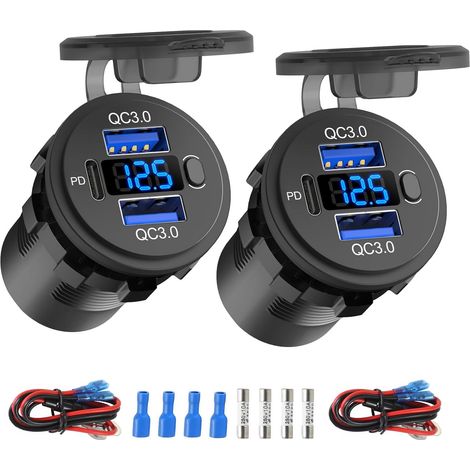 Prise USB 12 Volts Double Port QC 3.0 et Prise Chargeur USB C PD3.0 pour Voiture, Kit de Remplacement de Prise Allume-Cigarette 12V étanche avec Voltmètre et Interrupteur pour Voiture, Bateau, Camion (1/5)