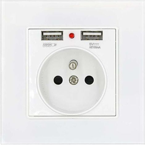 Glasplatten-Steckdose, französische Standard-Wandsteckdose mit doppelter 2,1-A-USB-Ladestromanzeige, 16 A 250 V, französische Standard-Einbausteckdose, weiß (1/4)