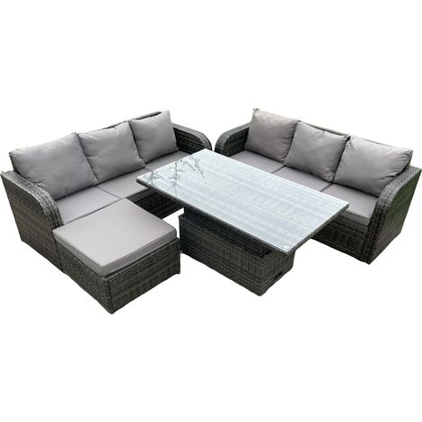 Fimous Extérieur en rotin ensemble salon de jardin hauteur réglable levage table à manger canapé ensemble grand repose-pieds gris foncé mix (1/5)