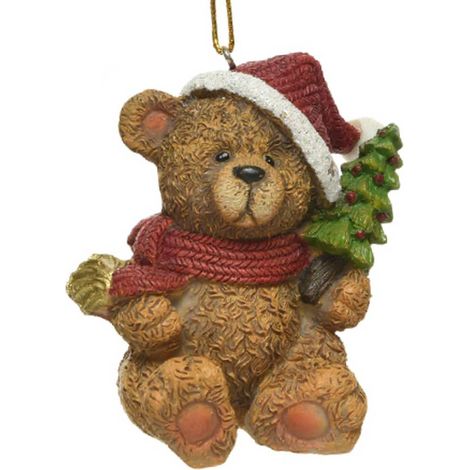 Kaemingk – Suspension de Noël ours en peluche marron avec sapin vert, 4,4 cm, polyrésine